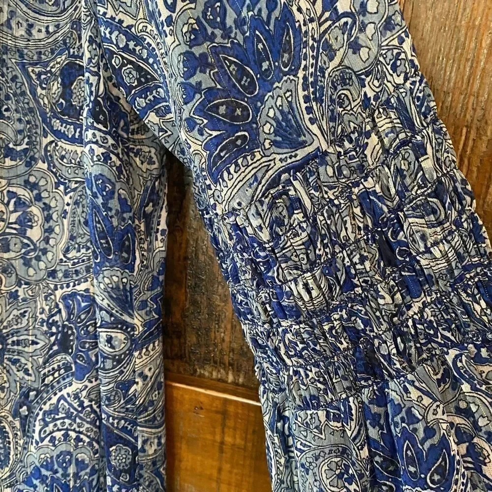 Michael Kors S Blue Gold Threaded Sheer BOHO Smocked Flared Sleeve Relaxed Top